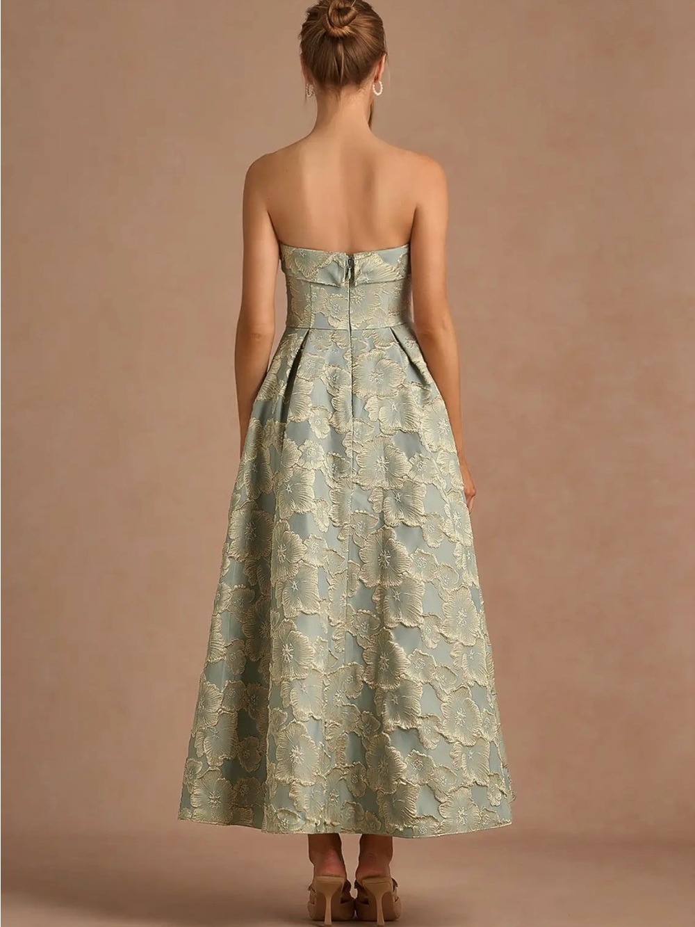 Azazie Strapless Floral Jacquard Midi Dress in Light Blue and Gold Accents - Picture 5 of 6
